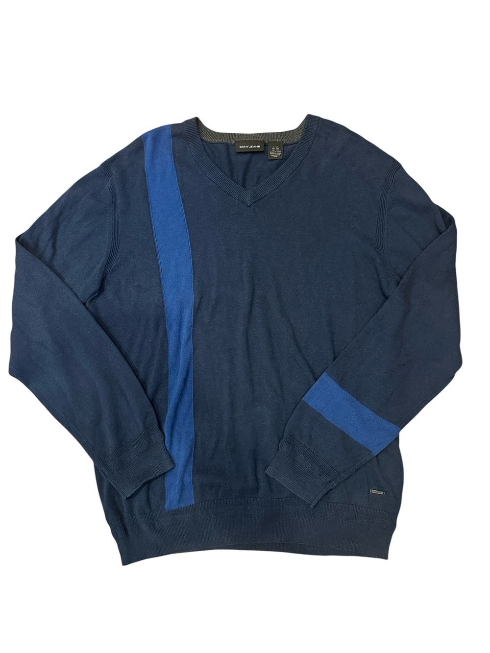 DKNY Jeans Men’s Cotton V-Neck Pullover Sweater Navy Blue Stripe XXL Preppy Fall